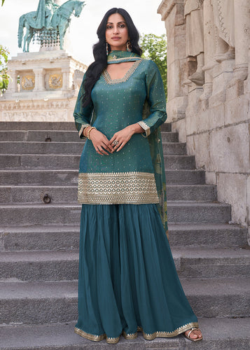 Deep teal chinon gharara style suit