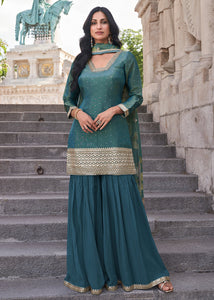 Deep teal chinon gharara style suit