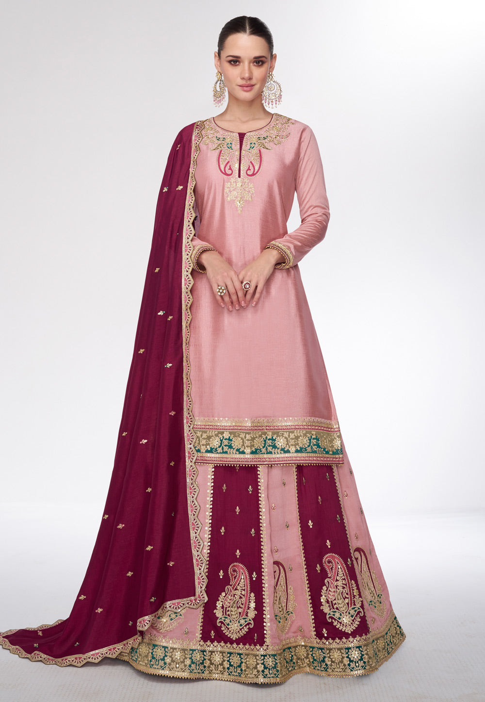 Pink silk Indo western Lehenga with long top