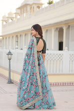 Blue floral printed Russian silk Lehenga (skirt stitched)