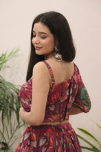 Wine floral printed organza silk lehenga