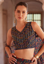 Navy blue printed georgette palazzo with cape readymade