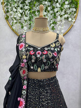 Boutique style Lehenga - black sparkly and multicoloured florals