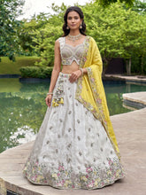 White and yellow chiffon embroidered Lehenga