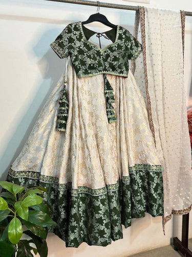 Green and off white jacquard Lehenga
