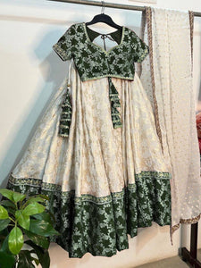 Green and off white jacquard Lehenga