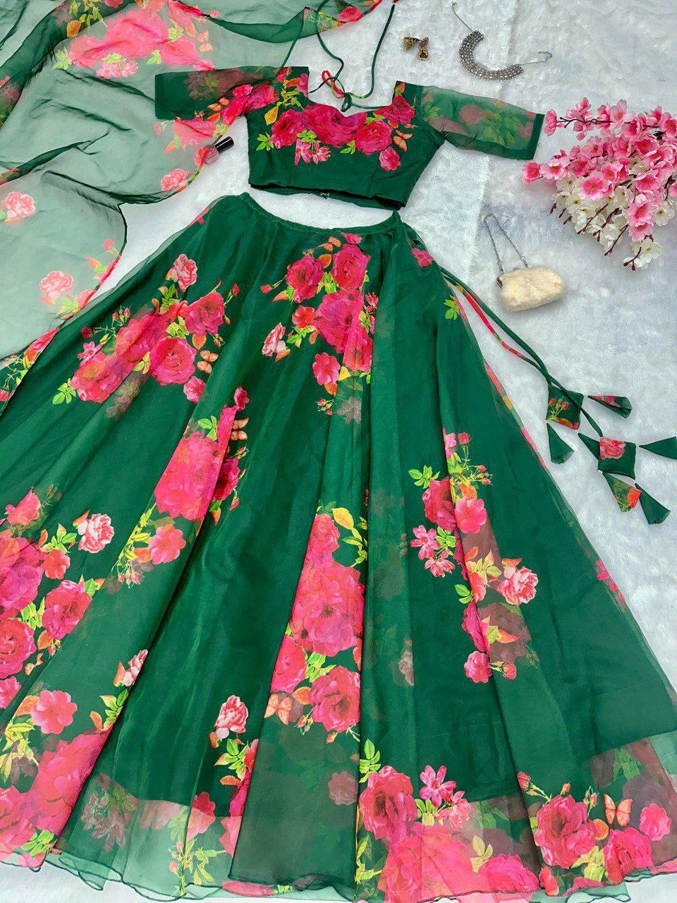 Green floral organza readymade Lehenga