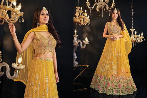 Yellow mirror and thread lightweight Lehenga