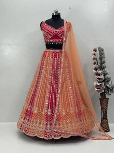 Embroidered peach and pink mirror look Lehenga