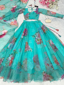 Aqua blue floral printed readymade Lehenga