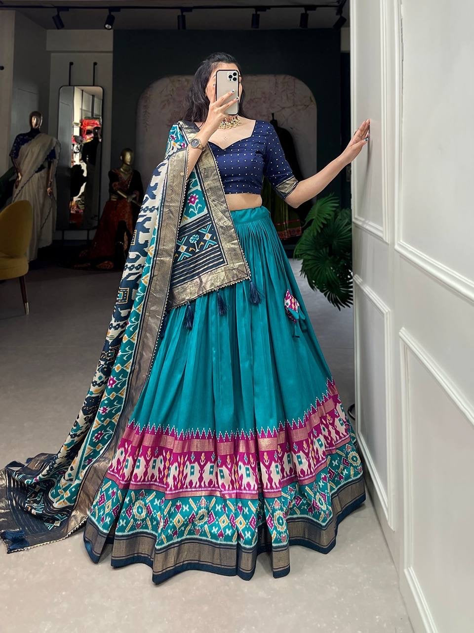 Tussar silk lehengas with patola print (skirt stitched) - navy and light blue