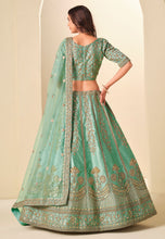 Sea green and gold embroidered art silk Lehenga