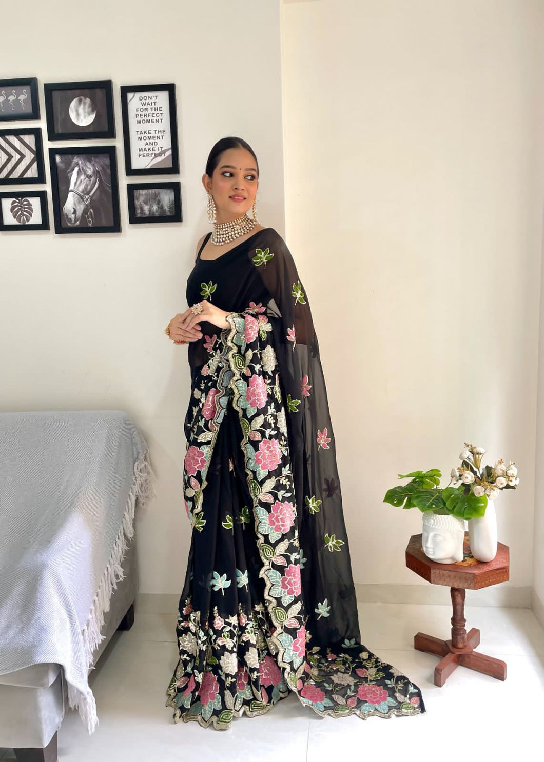 Floral sequins saree with multi colour embroidery in black