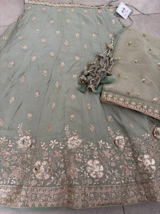 Pista green and gold chinnon embroidered Lehenga