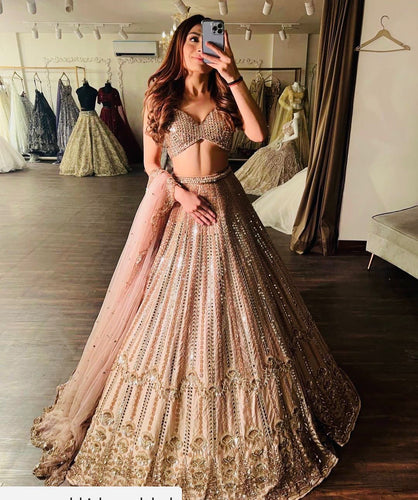 Peach French embroidered sequins and mirror work Lehenga