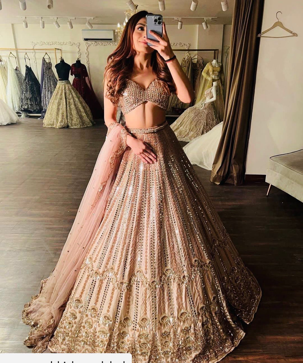 Peach French embroidered sequins and mirror work Lehenga