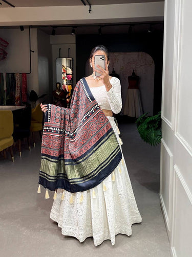 Exquisite white Lehenga with gaji silk dupatta (ajrakh print)
