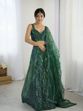 Bottle green Lehenga with rainbow sequins