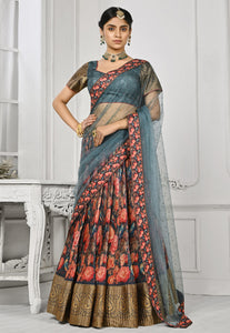 Teal bird and floral print silk timeless ethnic Lehenga