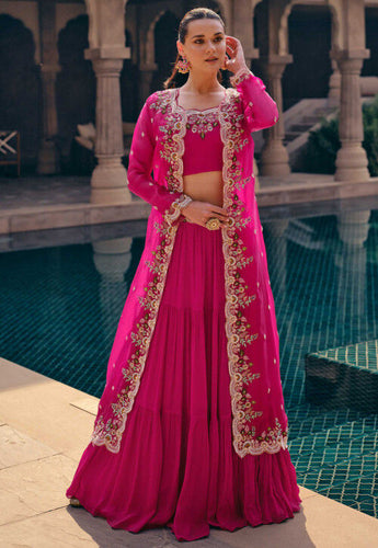 Hot pink readymade lehenga with jacket