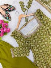 Olive green printed muslin silk Anarkali