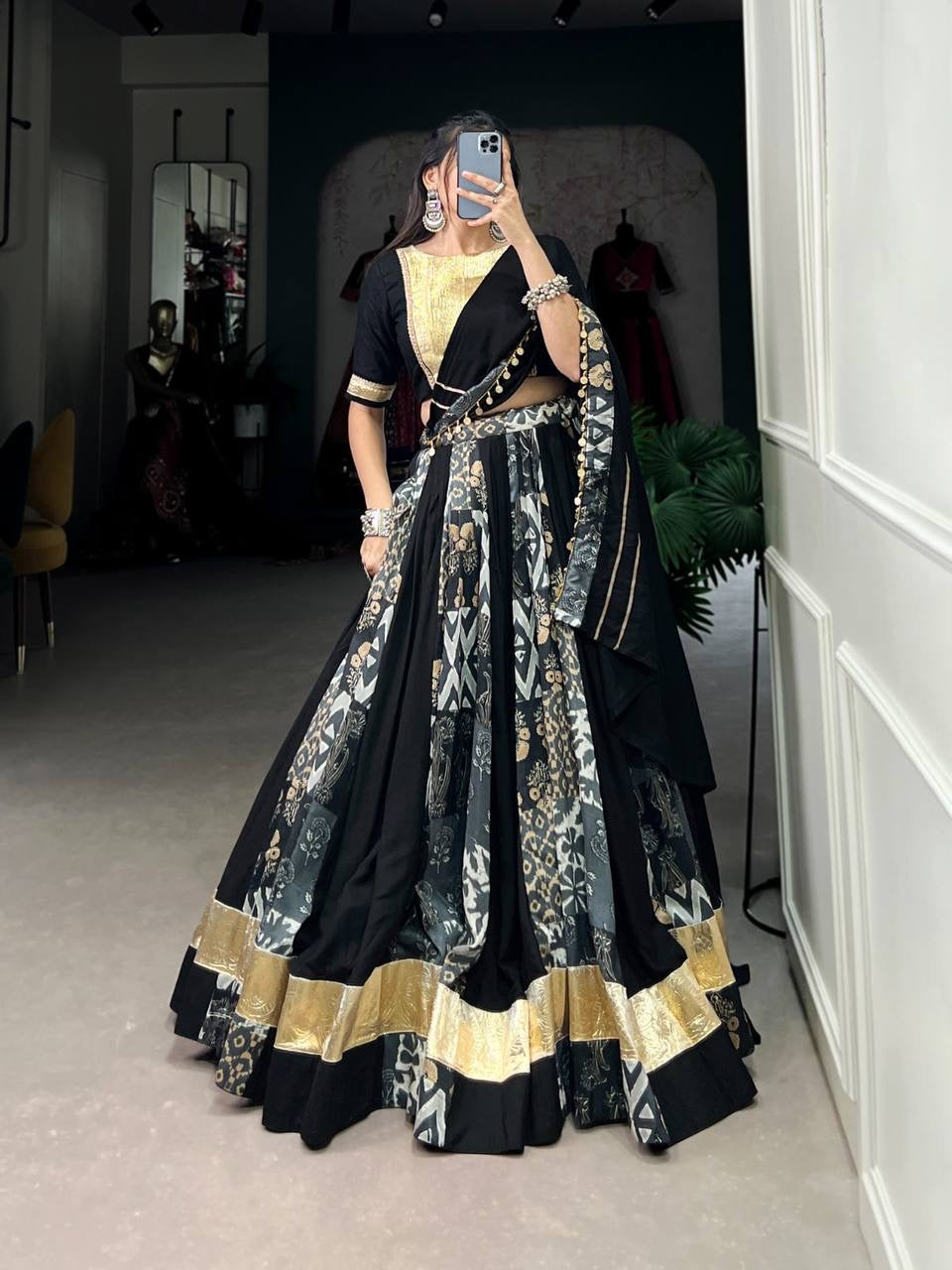 Rayon and Tussar silk gotta Patti plain and printed black readymade Lehenga