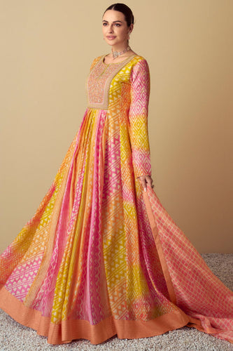 Multicoloured embroidered mustard and pink muslin anarkali