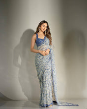 Blue leaf print mirror work saree