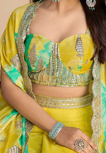 Embroidered chinon silk palazzo set in yellow and green
