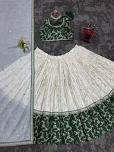Green and off white jacquard Lehenga