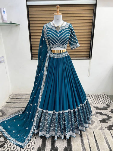 French blue simple satara work Lehenga (blouse stitched)