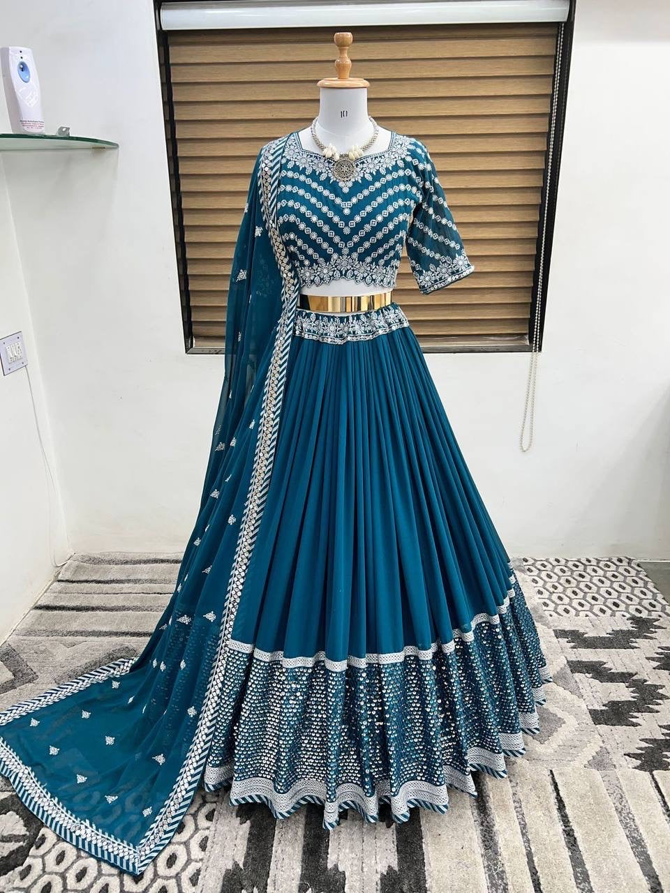 French blue simple satara work Lehenga (blouse stitched)