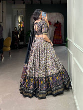 Tussar silk floral print contemporary Lehenga in black (skirt stitched)
