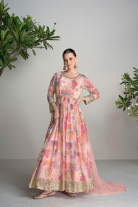 Ahana - Pale pink floral chinon mirror work anarkali