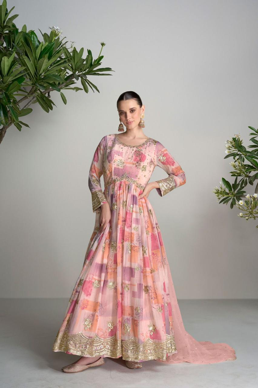 Ahana - Pale pink floral chinon mirror work anarkali