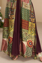 Maroon gown with multicoloured jacket and belt