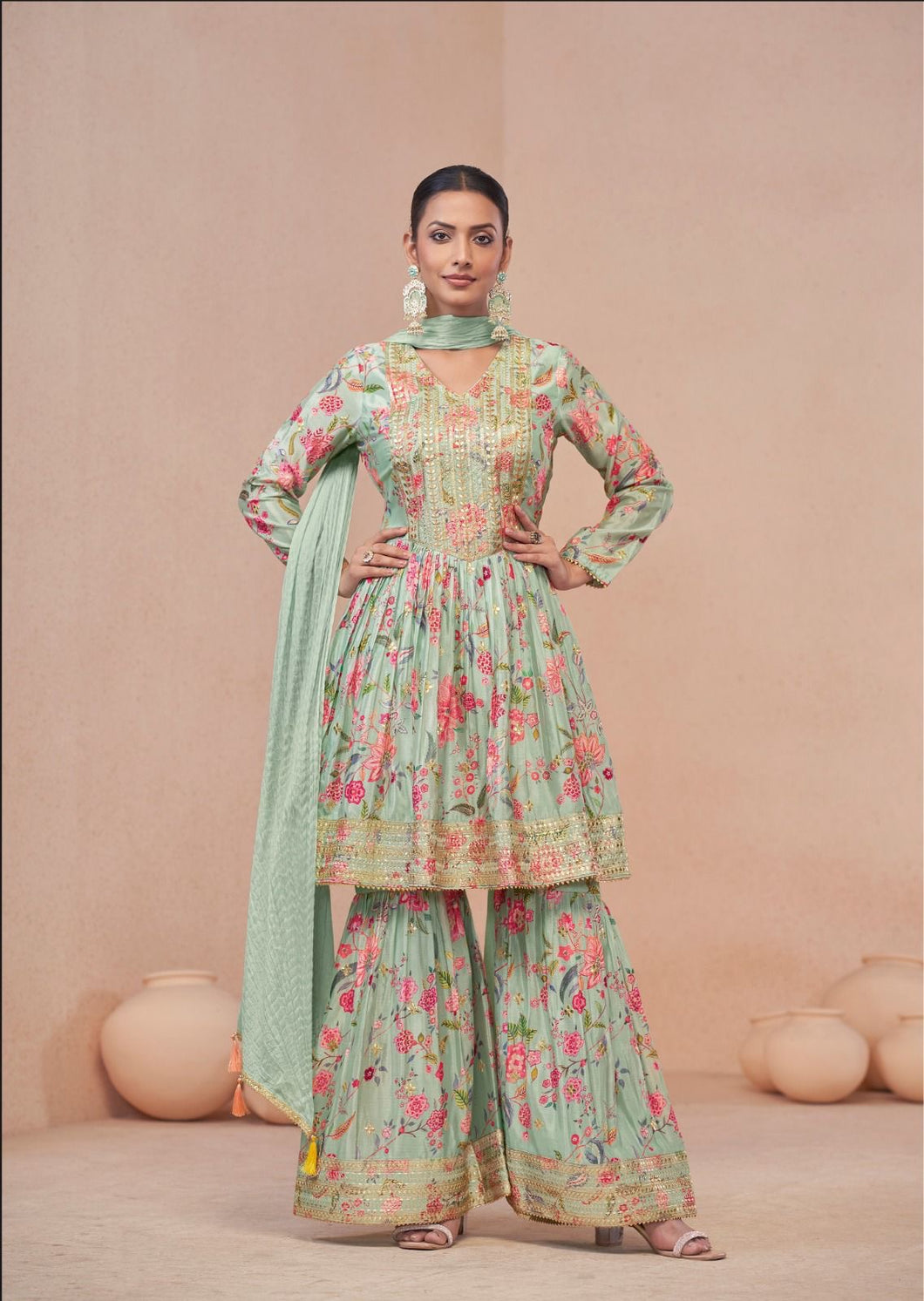 Pastel floral digital chinon sharara set in mint green - readymade