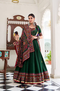 Tussar silk Lehenga with gamthi work readymade in bottle green
