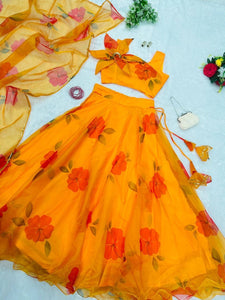 Orange yellow floral organza Lehenga