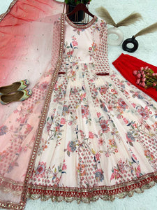 Off white and red toned florals readymade anarkali