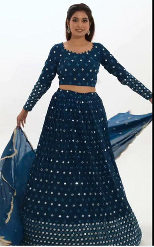 Blue flary thread work Lehenga (long sleeves + plus size)