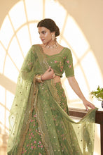 Chinon silk floral multi thread and sequin Lehenga in mehendi green