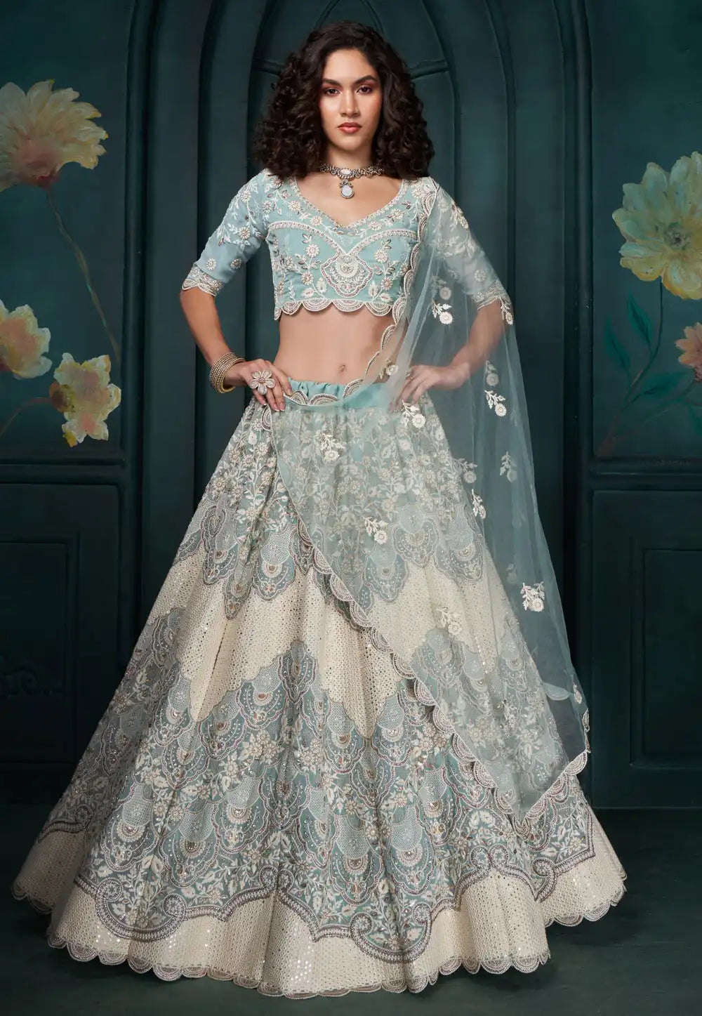 Sky blue georgette wedding Lehenga