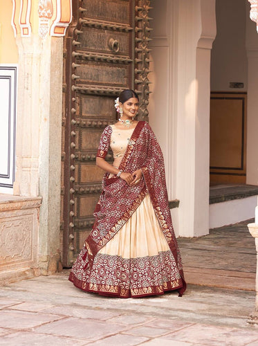 Tussar silk and ajrakh print Lehenga in off white