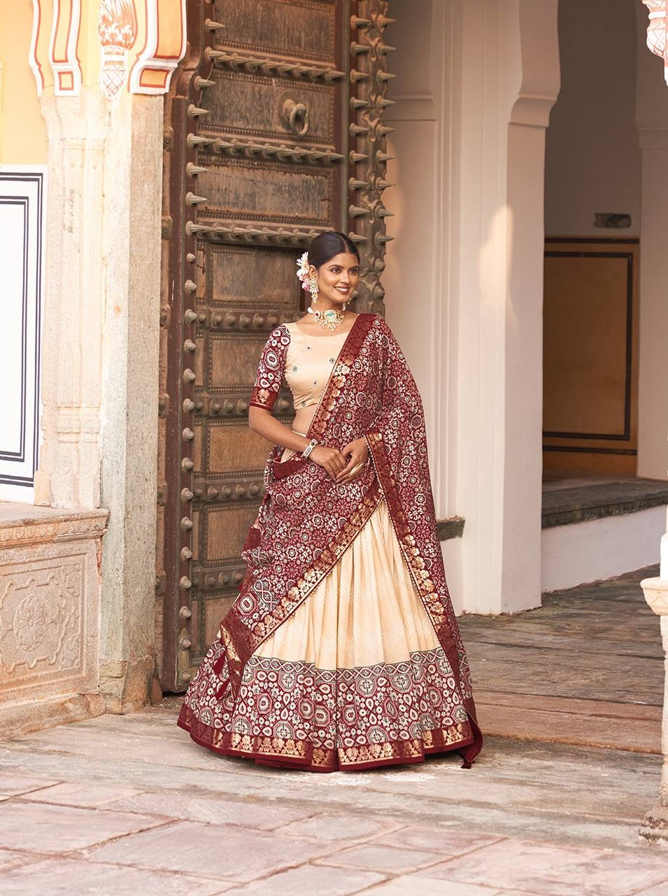 Tussar silk and ajrakh print Lehenga in off white