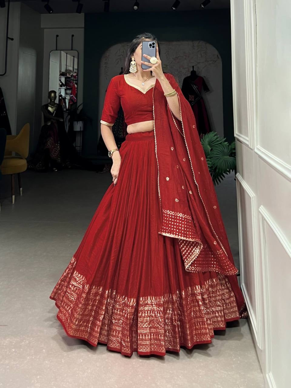 Chanderi silk plain Lehenga in red (skirt stitched)
