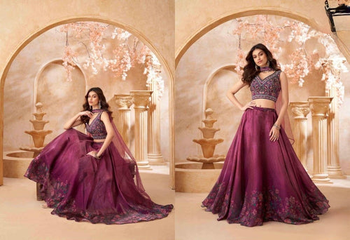 Deep wine floral organza Lehenga