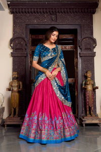 Tussar silk traditional Lehenga multi floral border in pink (skirt stitched)