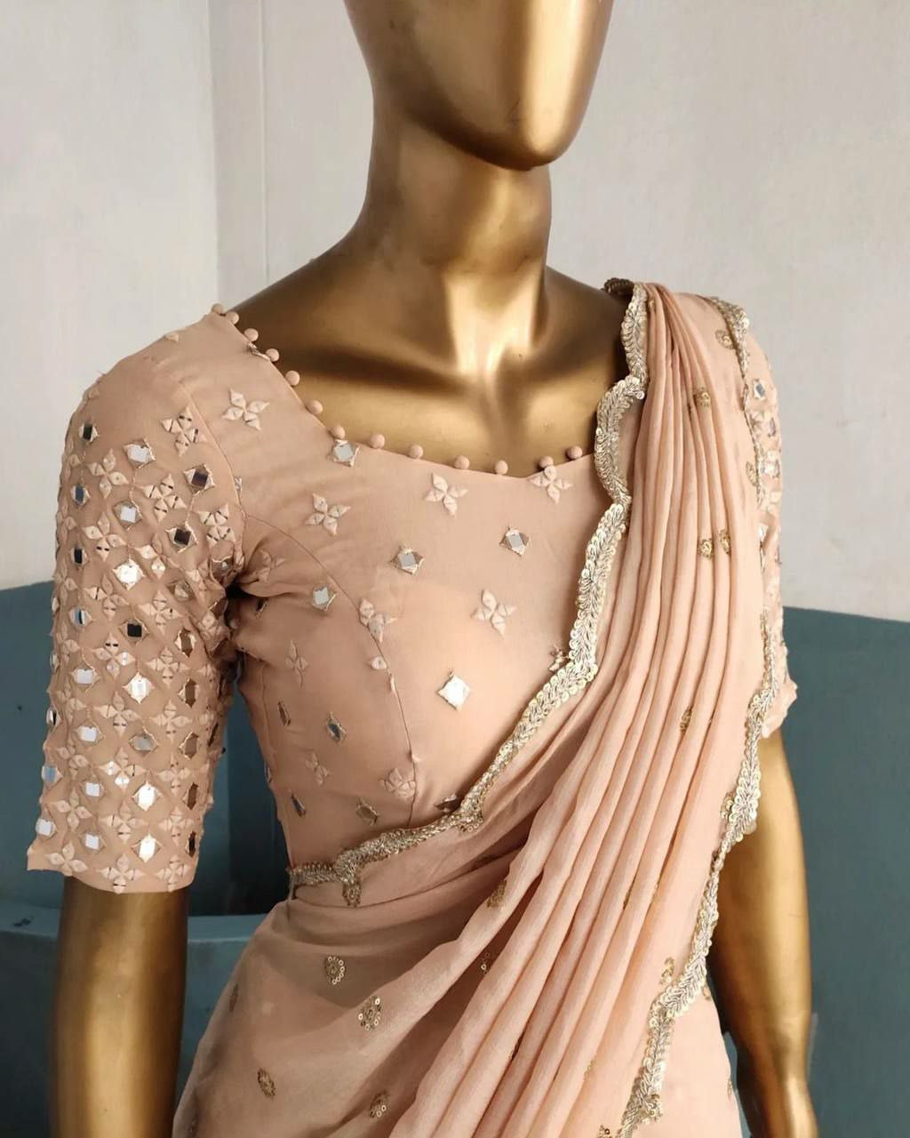 Peach thread work Lehenga (long sleeves + plus size)