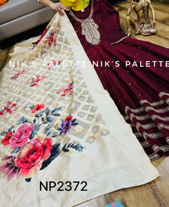 Niks collection - wine silk anarkali with floral dupatta (plus sizes too)